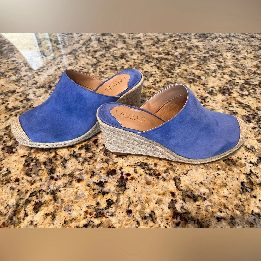NIB Lauren Ralph Lauren Pennie Blue Suede Slip-on Espadrille Wedge Mules Size 7